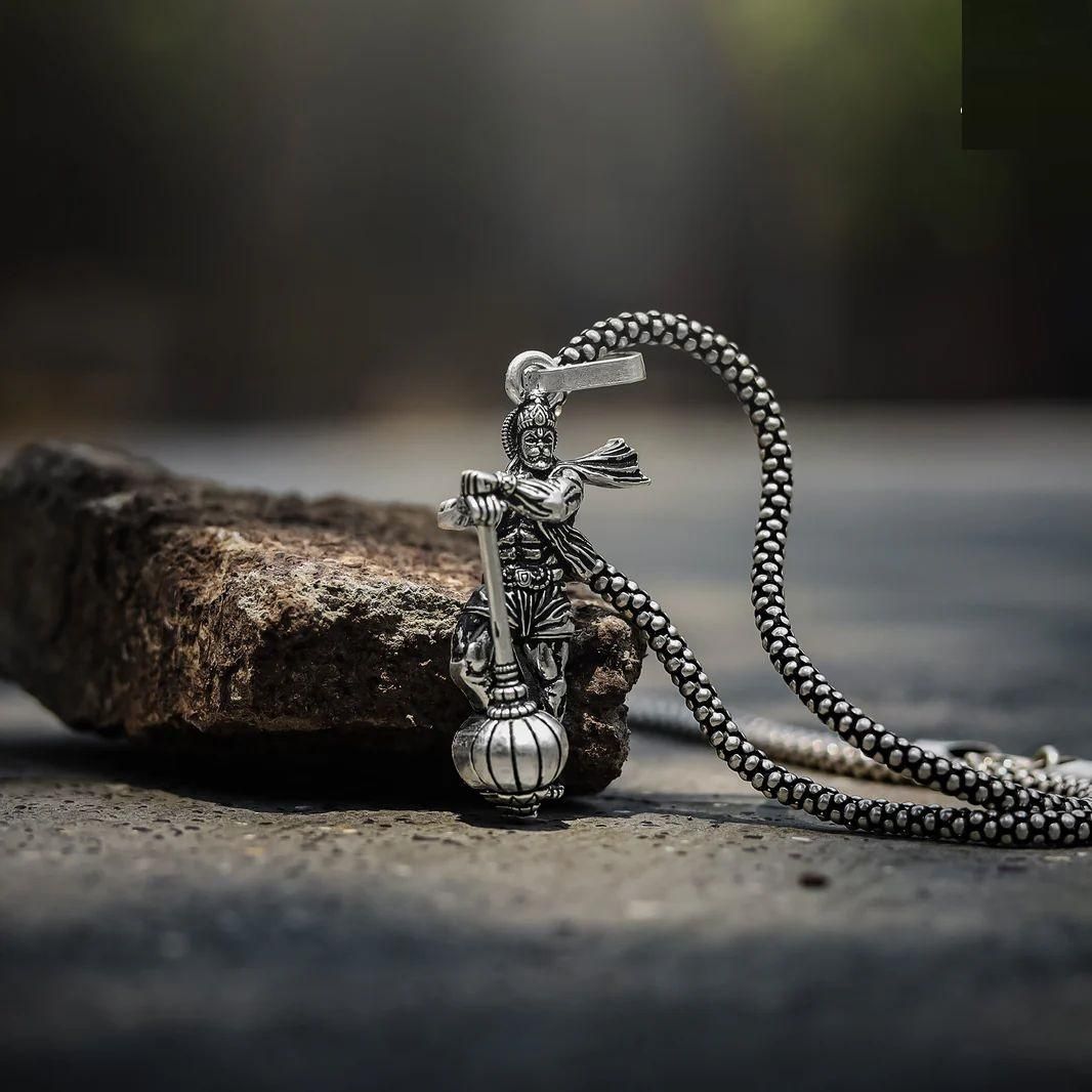 🔱 DivineGuard – Hanuman ji Silver Pendant Chain for Men