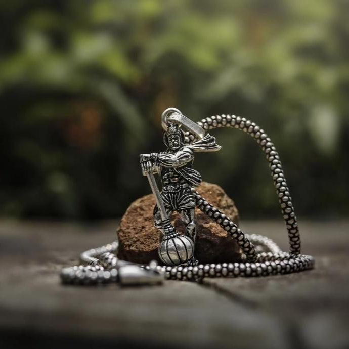 🔱 DivineGuard – Hanuman ji Silver Pendant Chain for Men