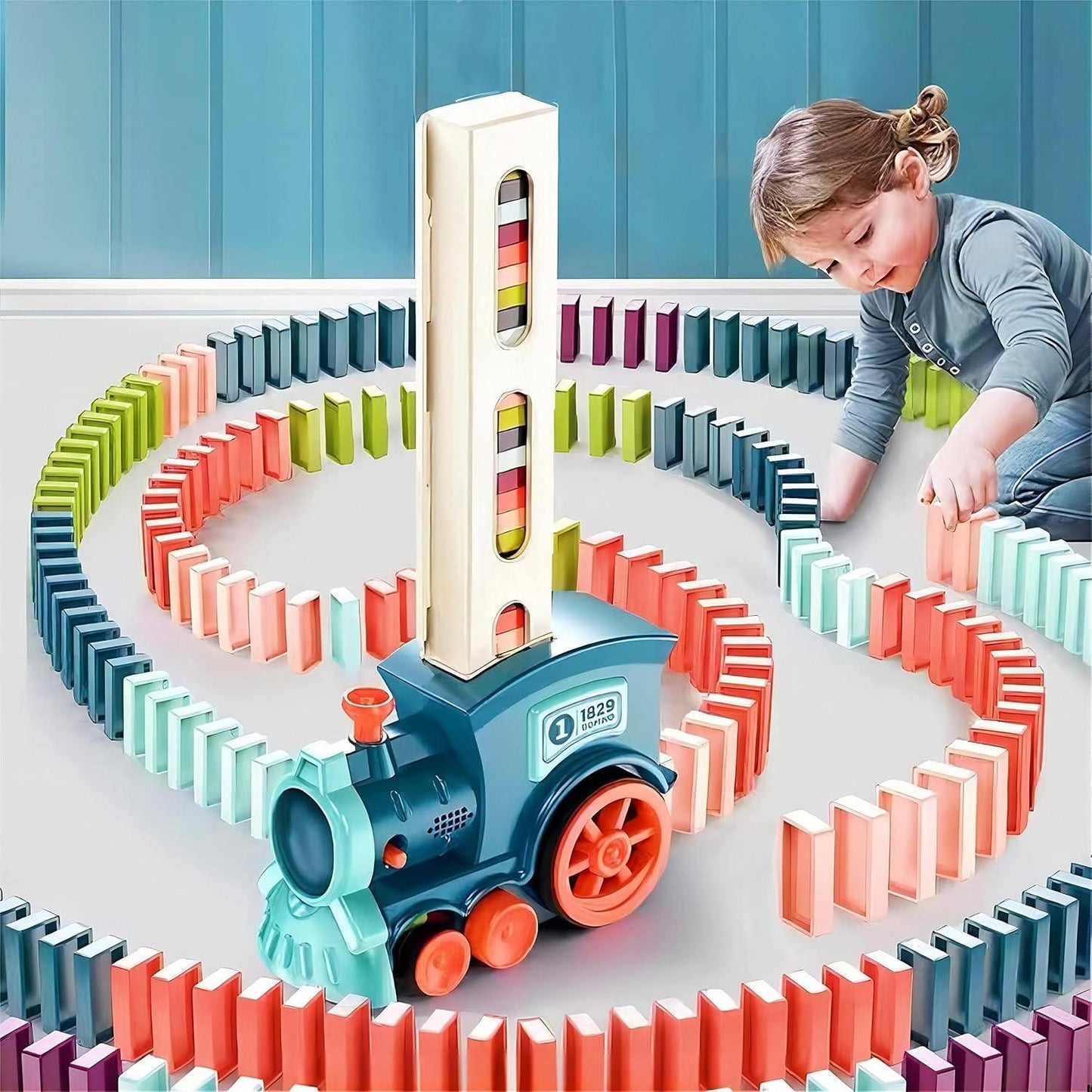 PlayRail Domino Set – Automatic Toy Train with Colourful Domino